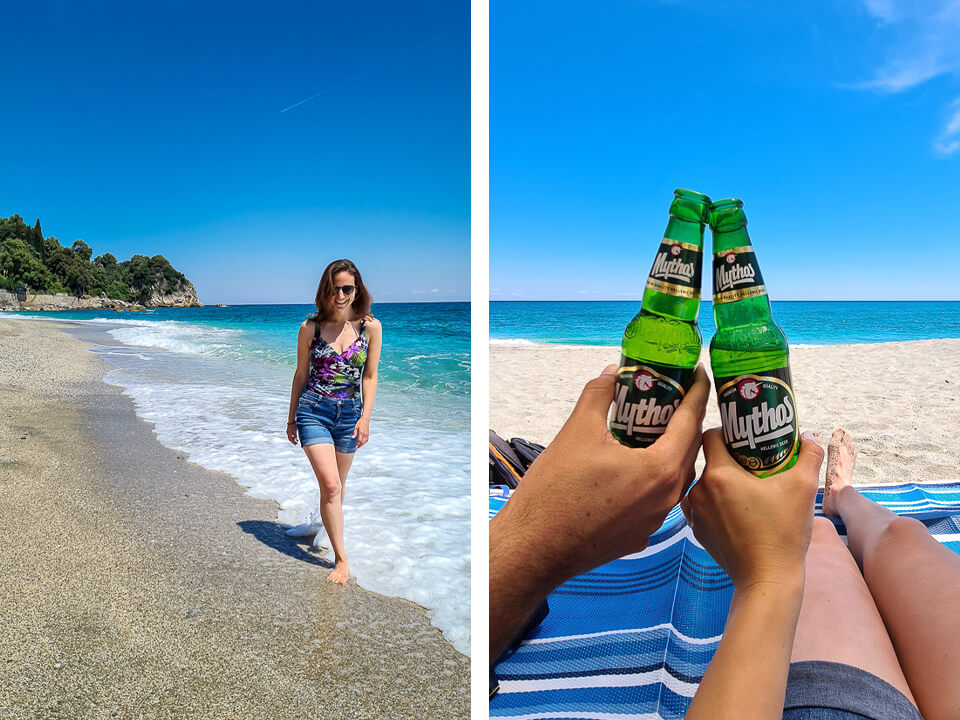 אני ומשה שותים בירה מיתוס על חוף הים בפיליון